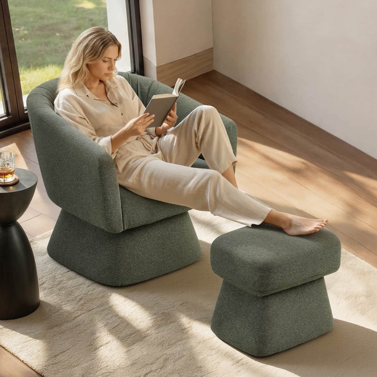 Pleated Swivel Accent Chair with Matching Ottoman