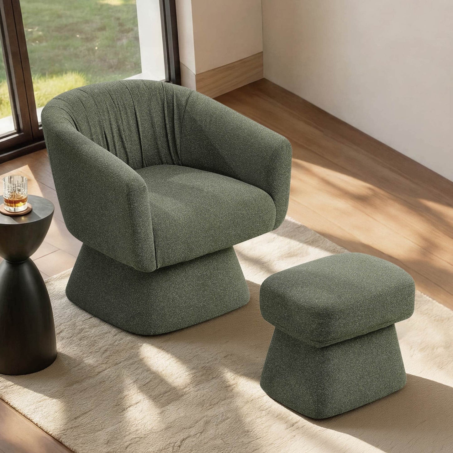 Pleated Swivel Accent Chair with Matching Ottoman
