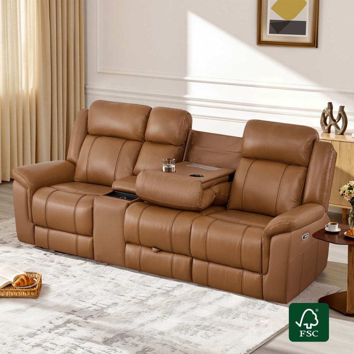 Power Reclining Sofa in Genuine Leather with Drop-Down Table