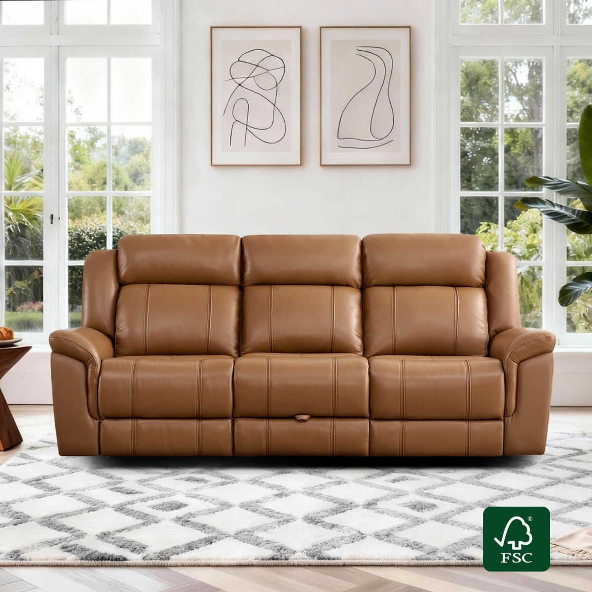 Power Reclining Sofa in Genuine Leather with Drop-Down Table