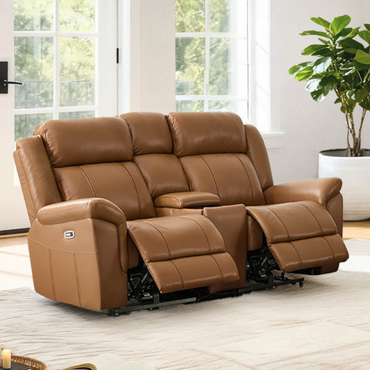 Power Reclining Sofa in Genuine Leather with Drop-Down Table