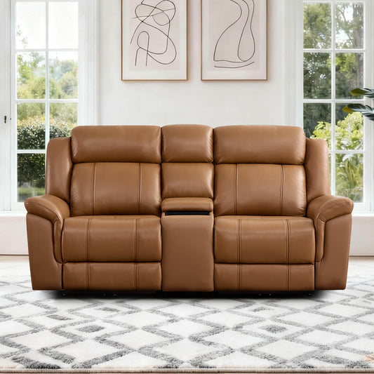 Power Reclining Sofa in Genuine Leather with Drop-Down Table