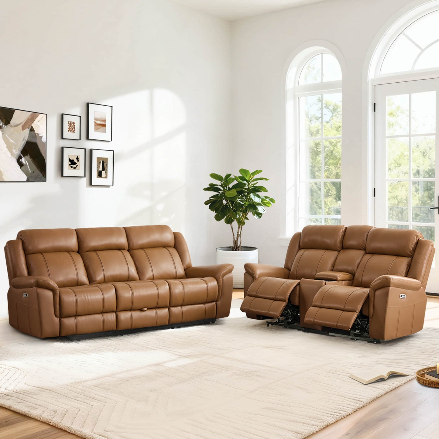 Power Reclining Sofa in Genuine Leather with Drop-Down Table
