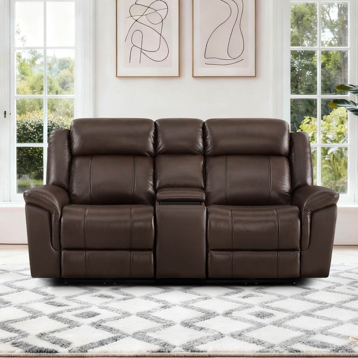 Power Reclining Sofa in Genuine Leather with Drop-Down Table