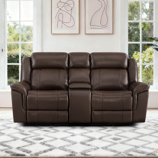 Power Reclining Sofa in Genuine Leather with Drop-Down Table