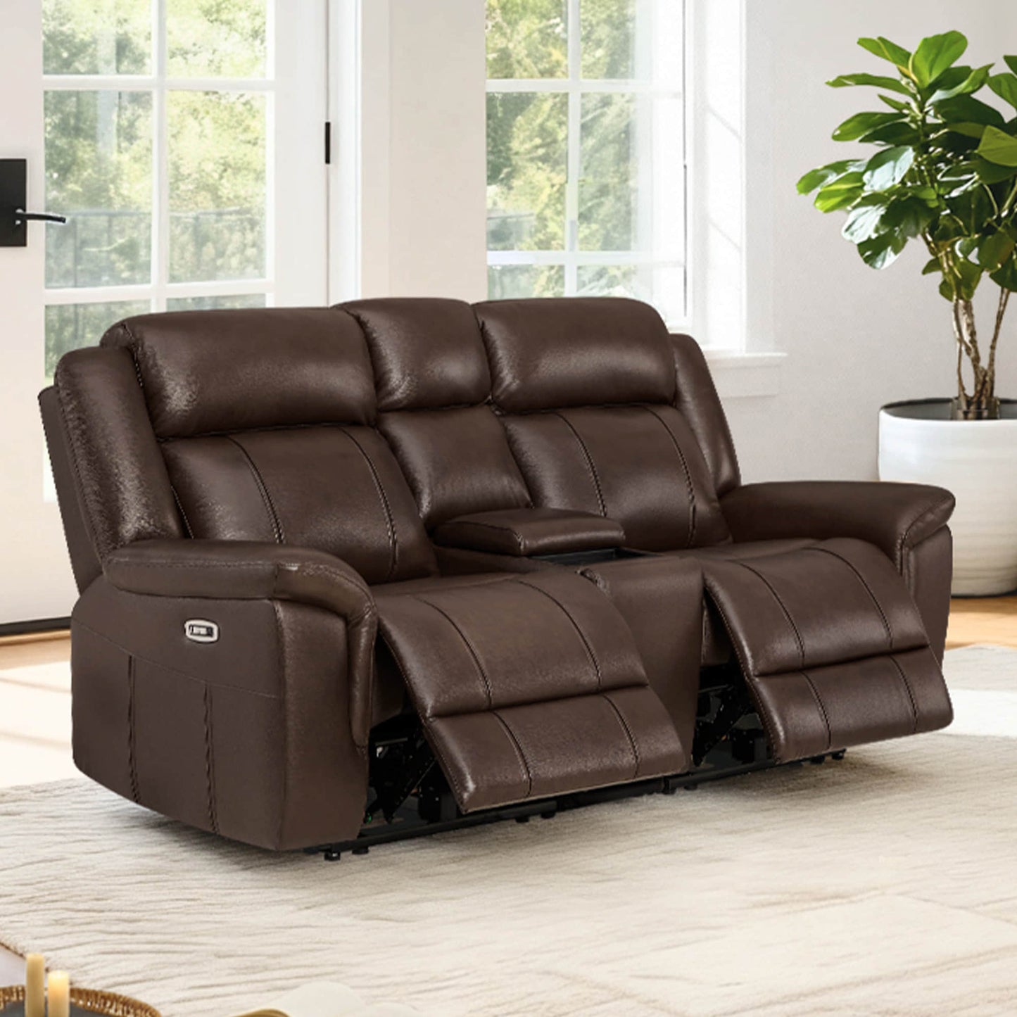 Power Reclining Sofa in Genuine Leather with Drop-Down Table
