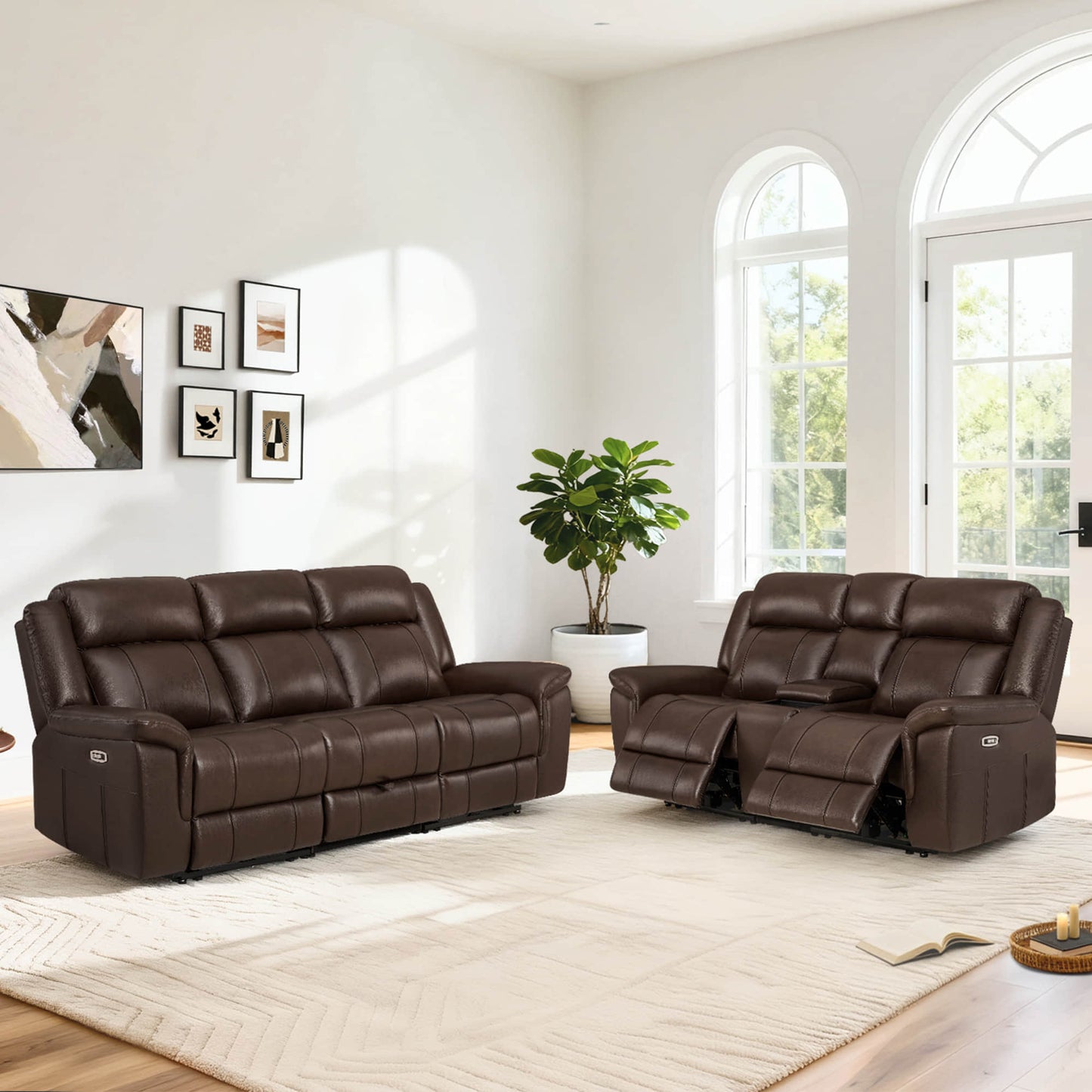 Power Reclining Sofa in Genuine Leather with Drop-Down Table