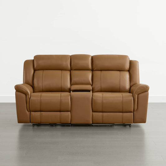 Power Reclining Sofa in Genuine Leather with Drop-Down Table