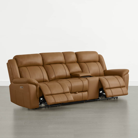 Power Reclining Sofa in Genuine Leather with Drop-Down Table