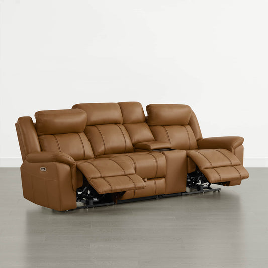 Power Reclining Sofa in Genuine Leather with Drop-Down Table