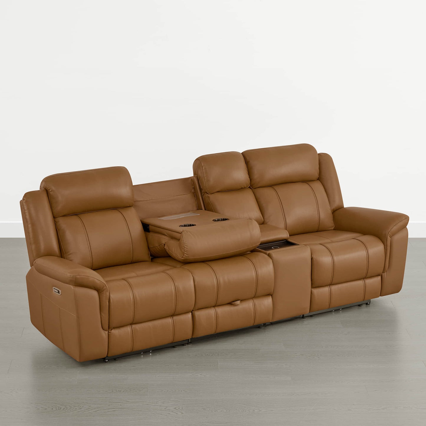Power Reclining Sofa in Genuine Leather with Drop-Down Table