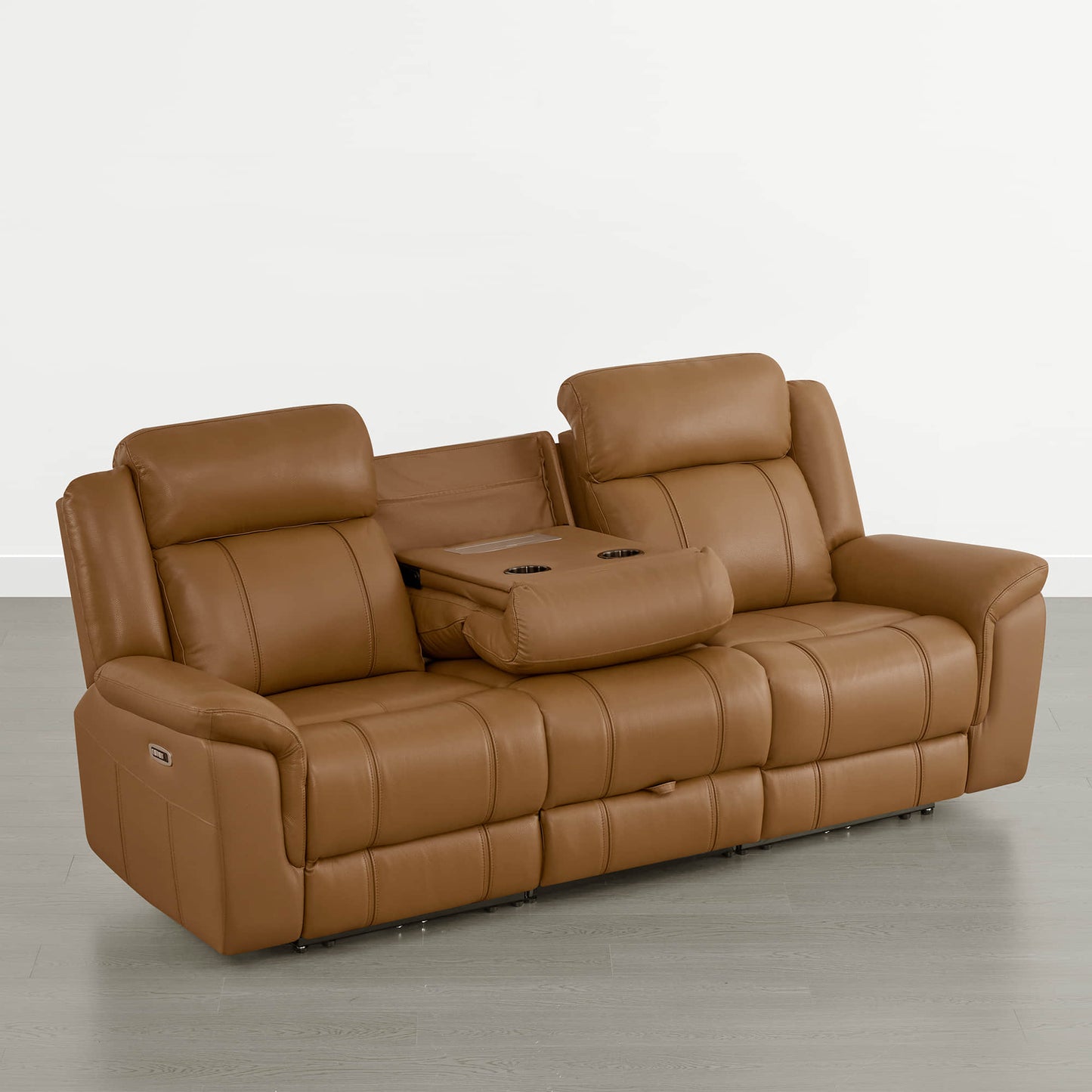 Power Reclining Sofa in Genuine Leather with Drop-Down Table