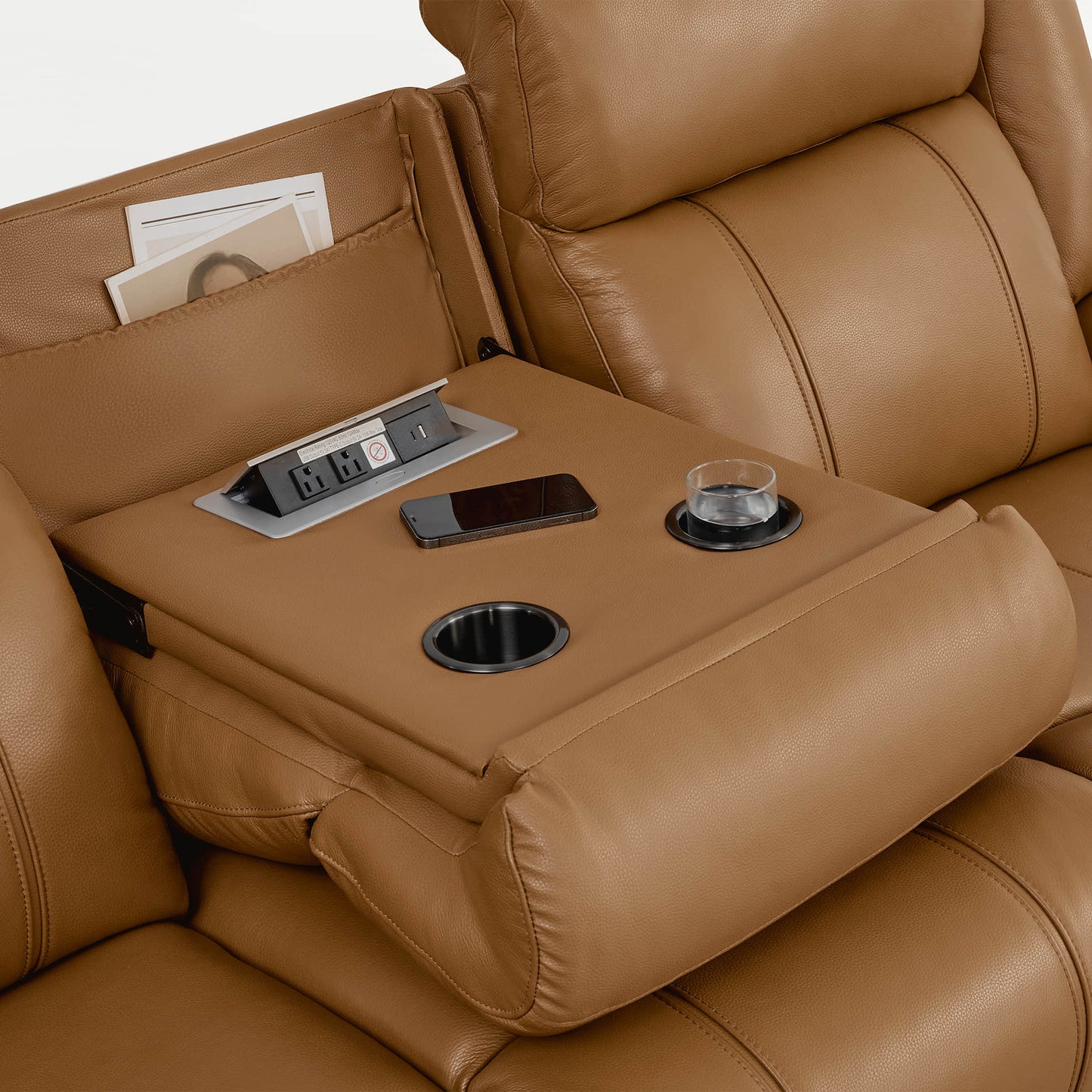 Power Reclining Sofa in Genuine Leather with Drop-Down Table