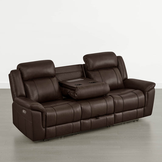 Power Reclining Sofa in Genuine Leather with Drop-Down Table