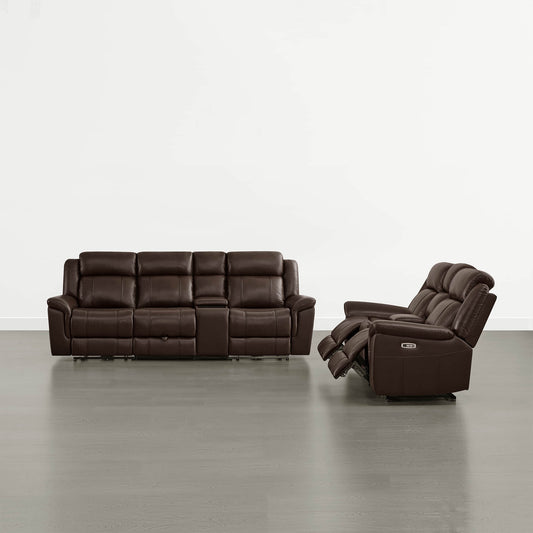 Power Reclining Sofa in Genuine Leather with Drop-Down Table
