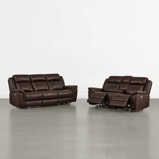 Power Reclining Sofa in Genuine Leather with Drop-Down Table