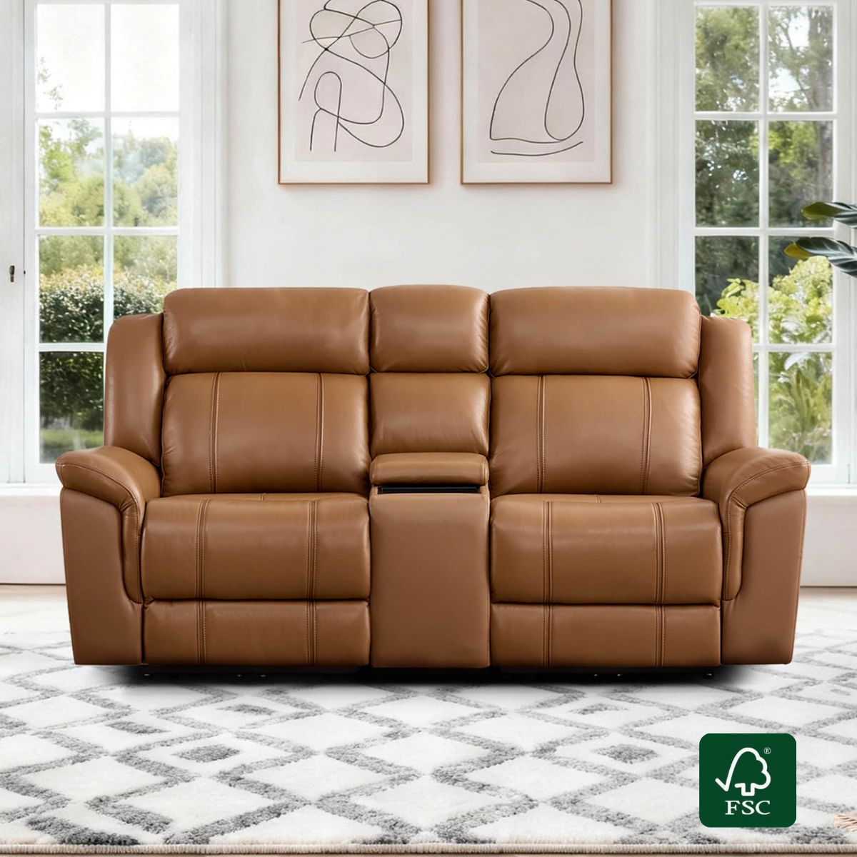 Power Reclining Sofa in Genuine Leather with Drop-Down Table