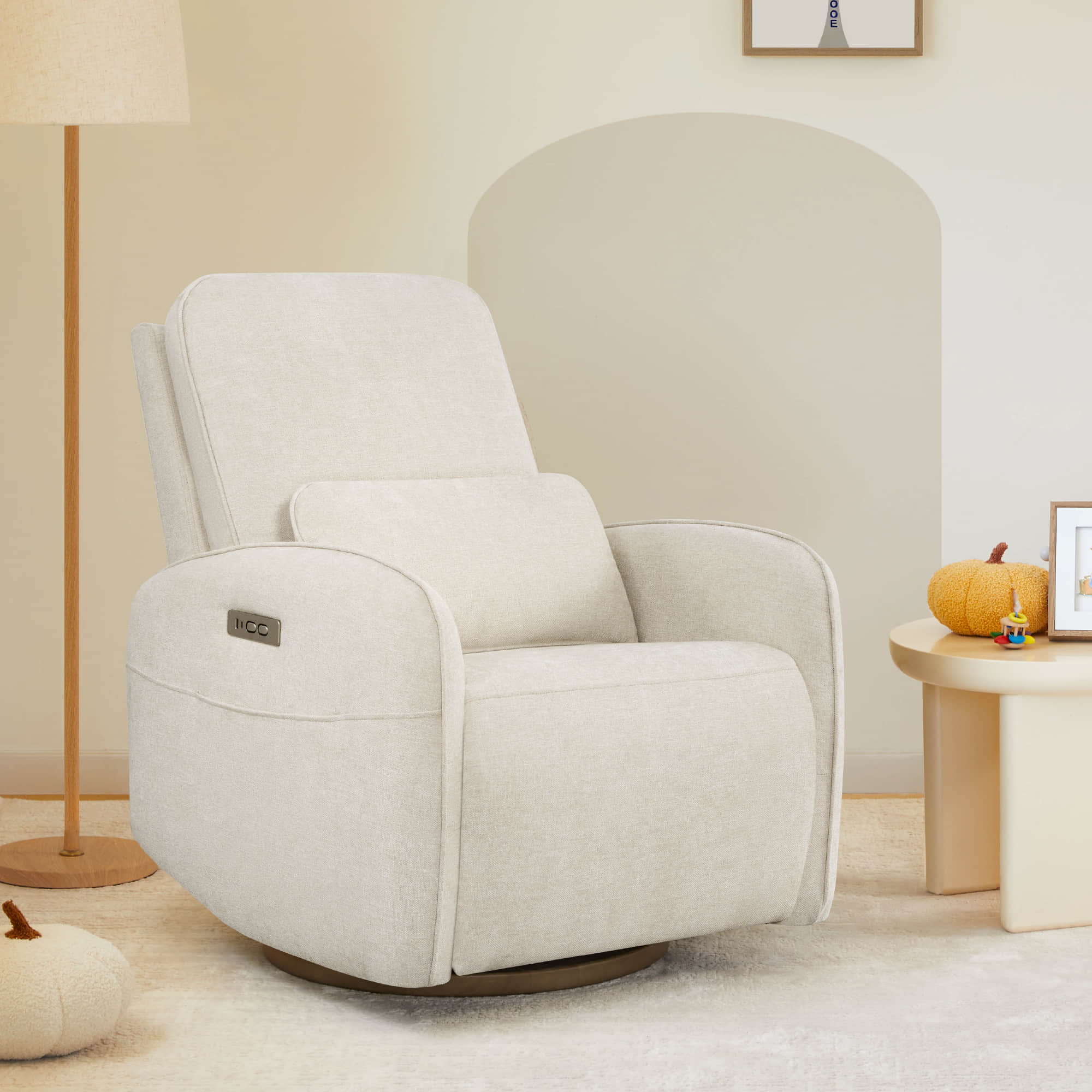 Power Swivel Glider Recliner in Soft Gray Fabric
