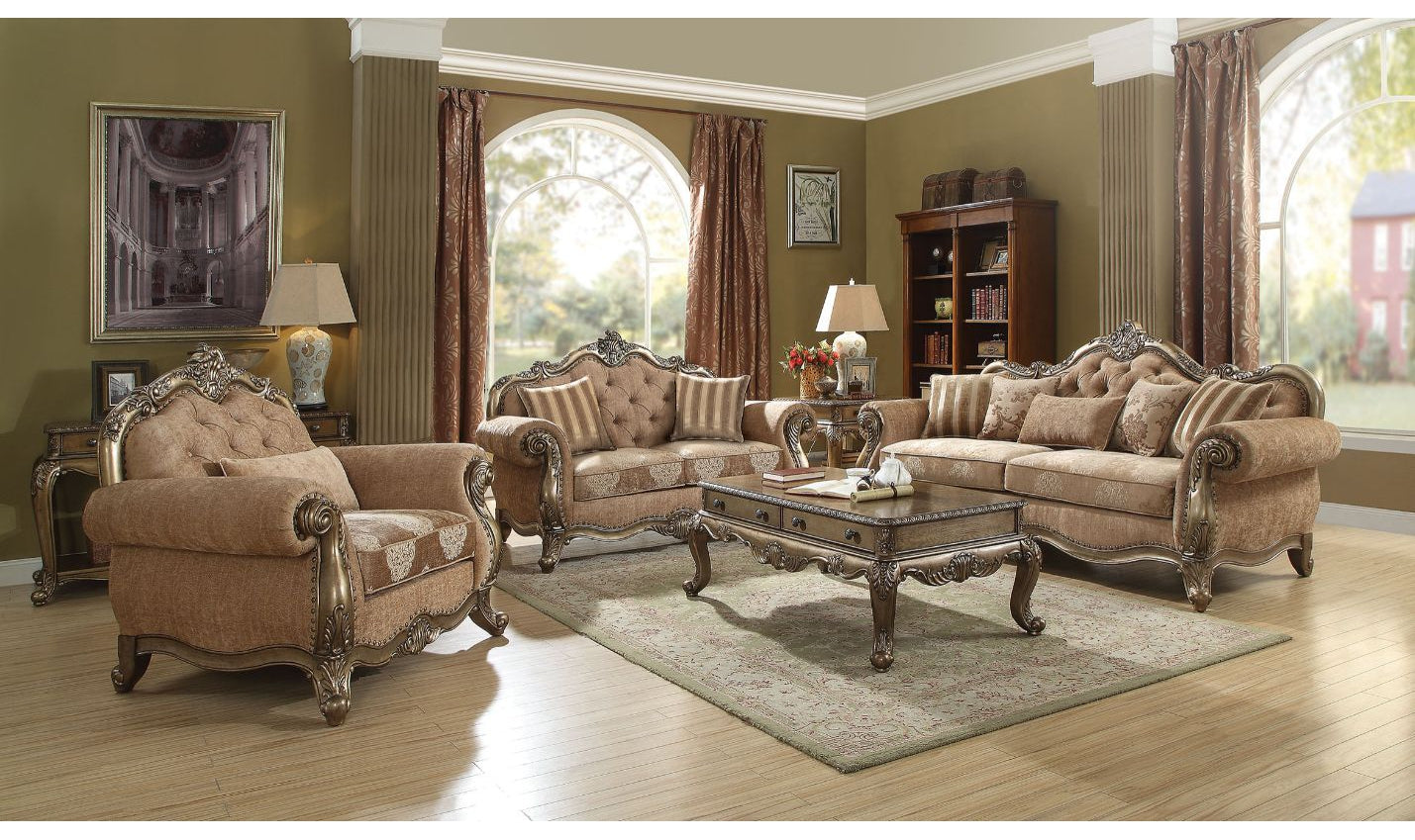 Tufted Fabric Sofa in Brown with Elegant Curved Arms
