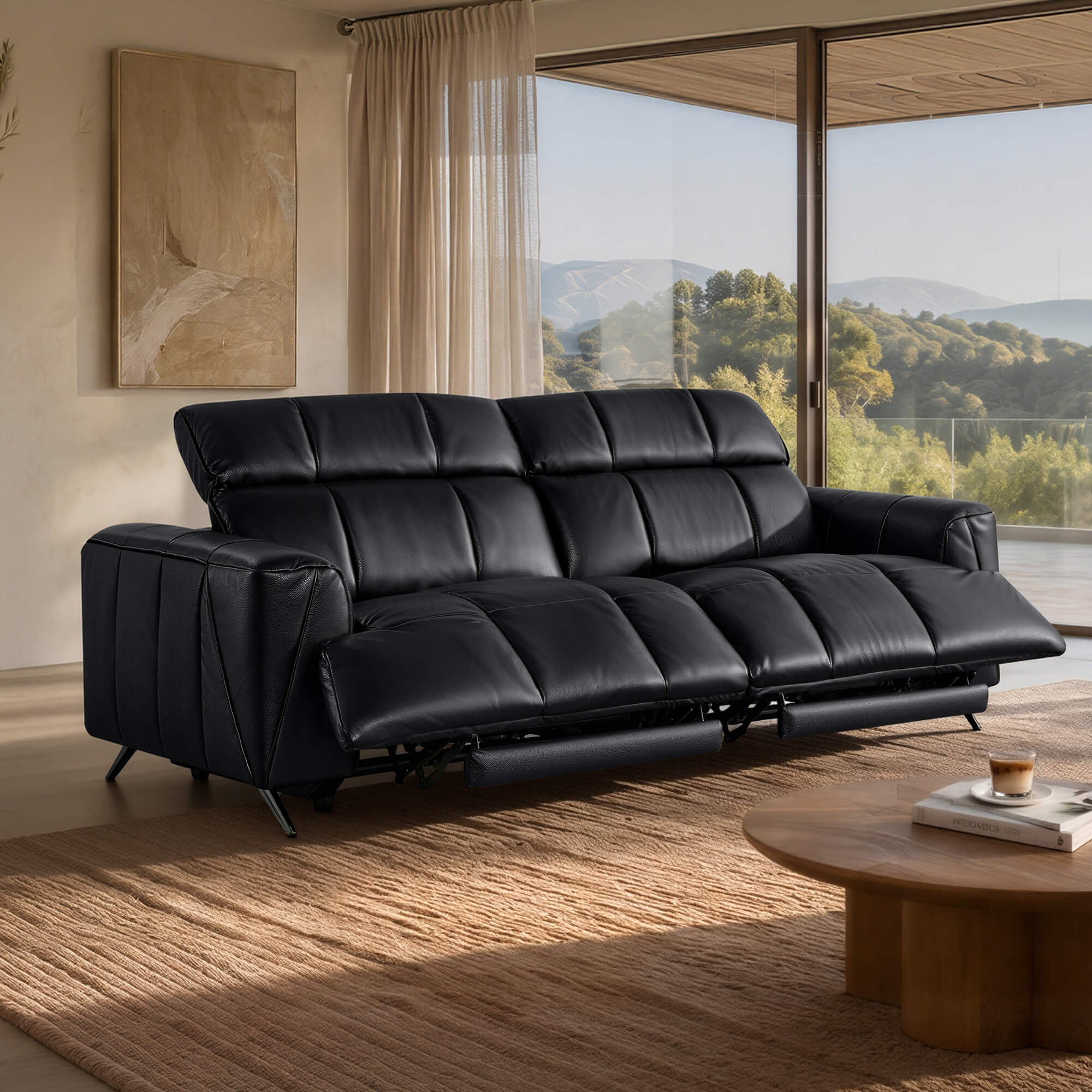 Reclining Sofa in Genuine Leather with Streamlined Design
