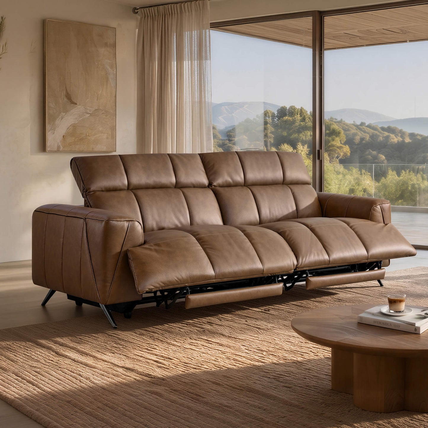 Reclining Sofa in Genuine Leather with Streamlined Design