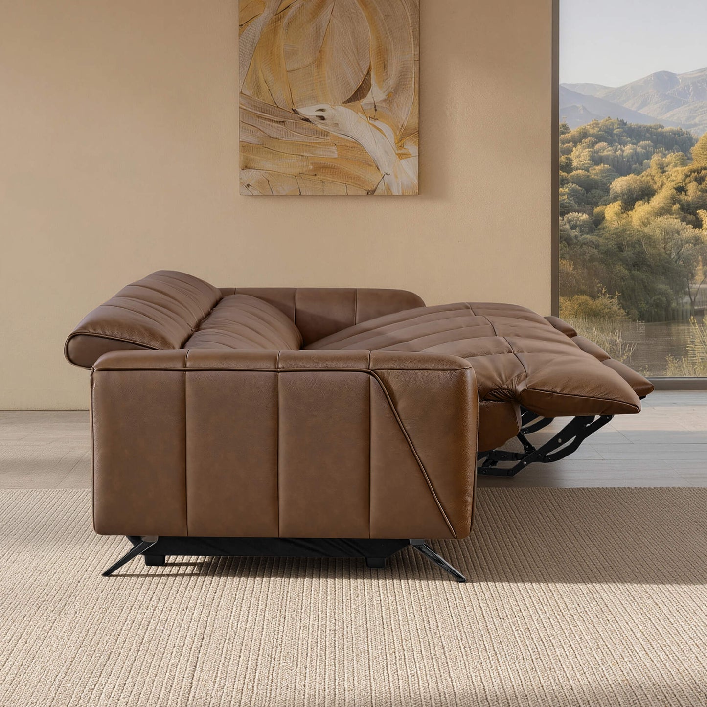 Reclining Sofa in Genuine Leather with Streamlined Design