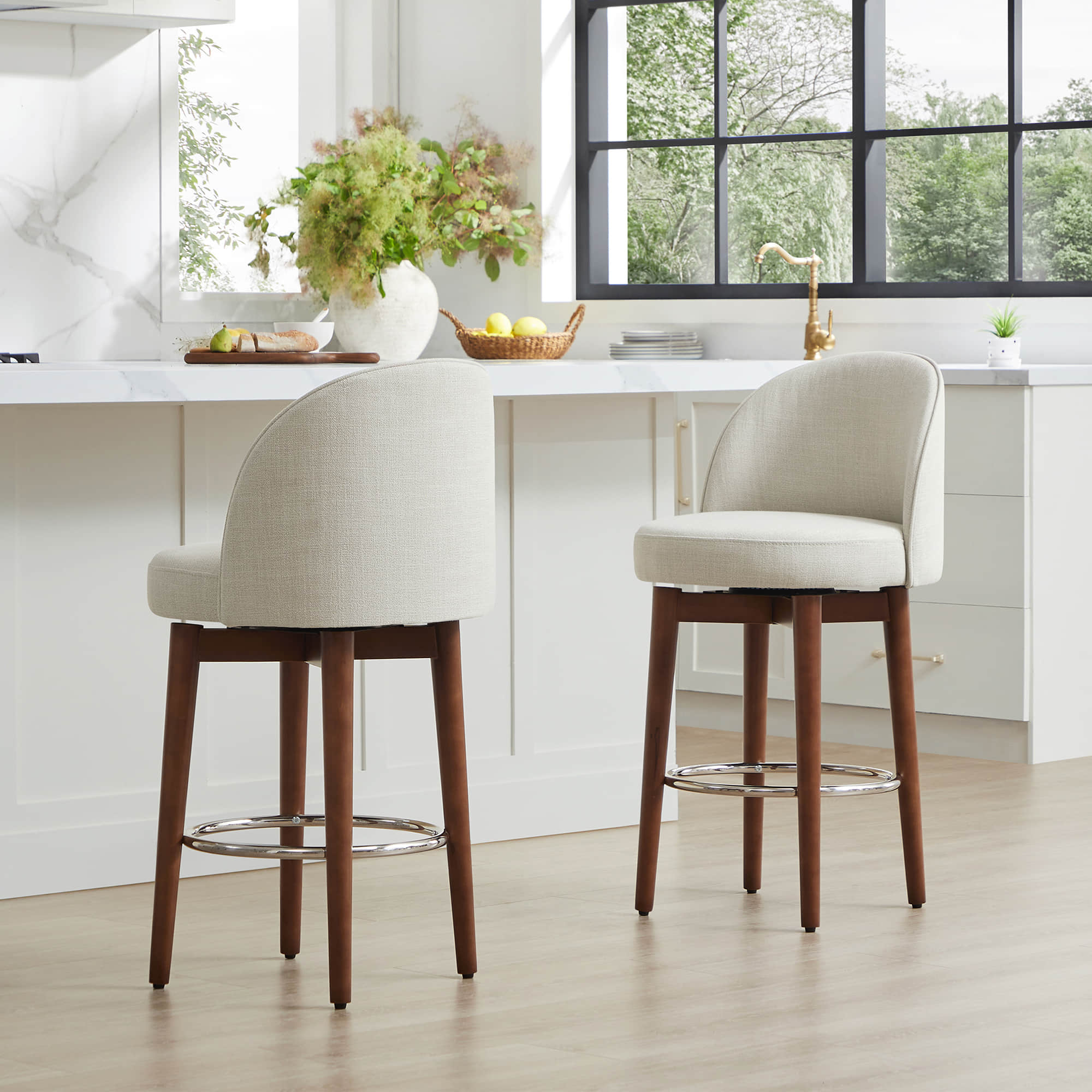 Rosa Swivel Counter Stool Set in Elegant Black Fabric