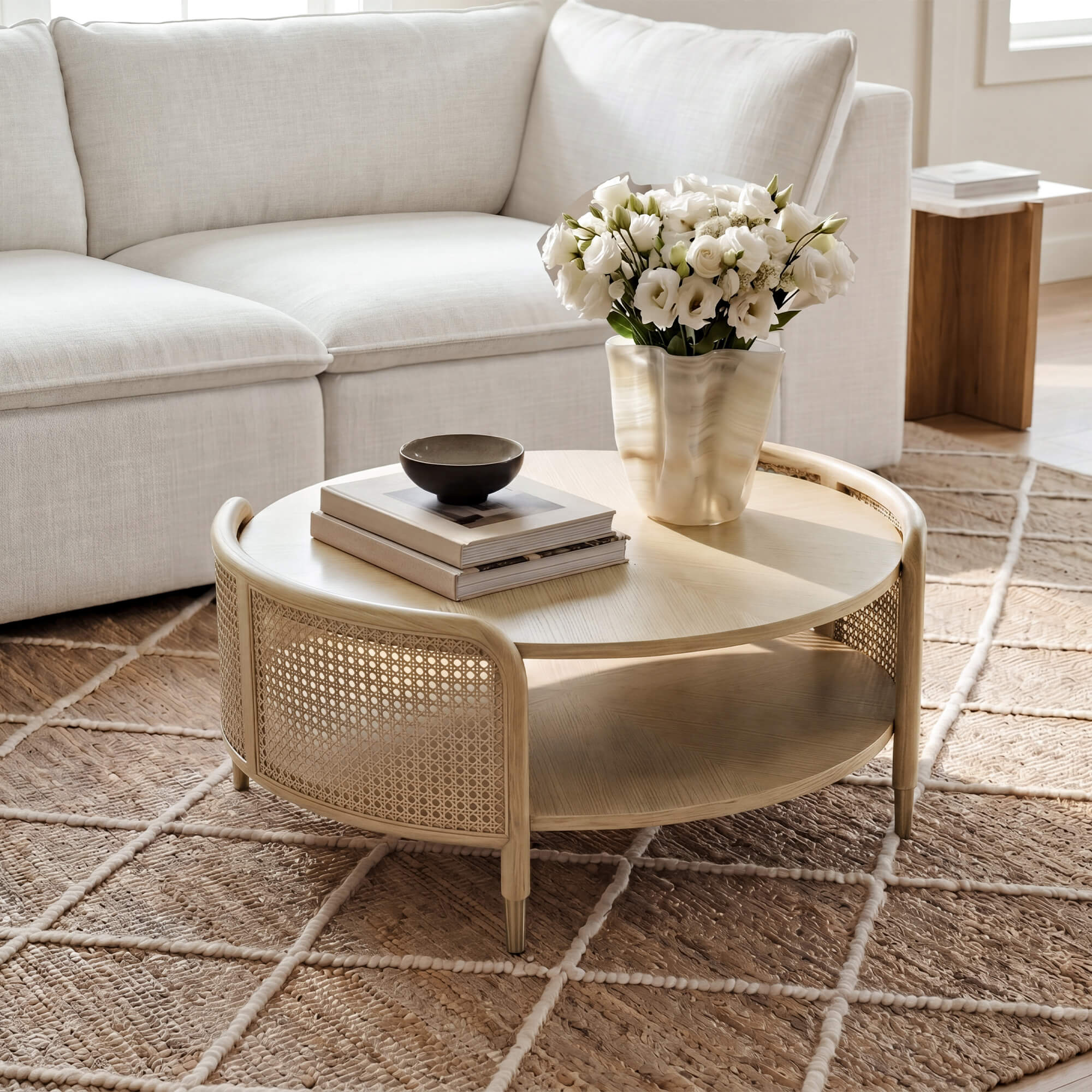 Round Cane Coffee Table with Scandinavian Design