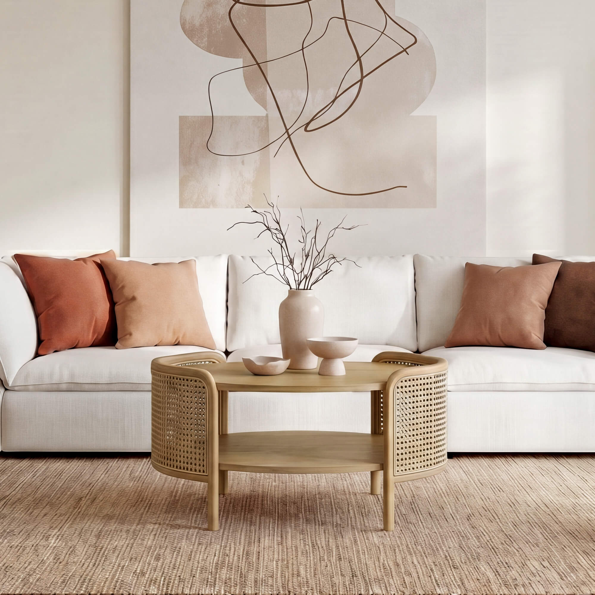 Round Cane Coffee Table with Scandinavian Design