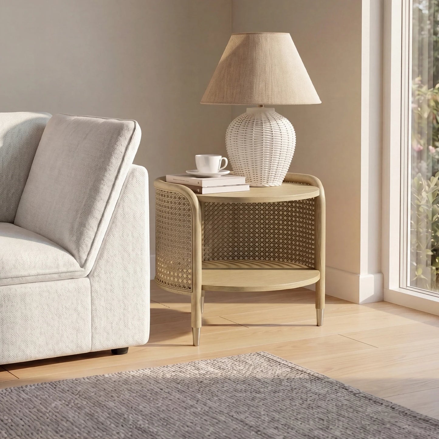 Round Cane Side Table with Scandinavian Design