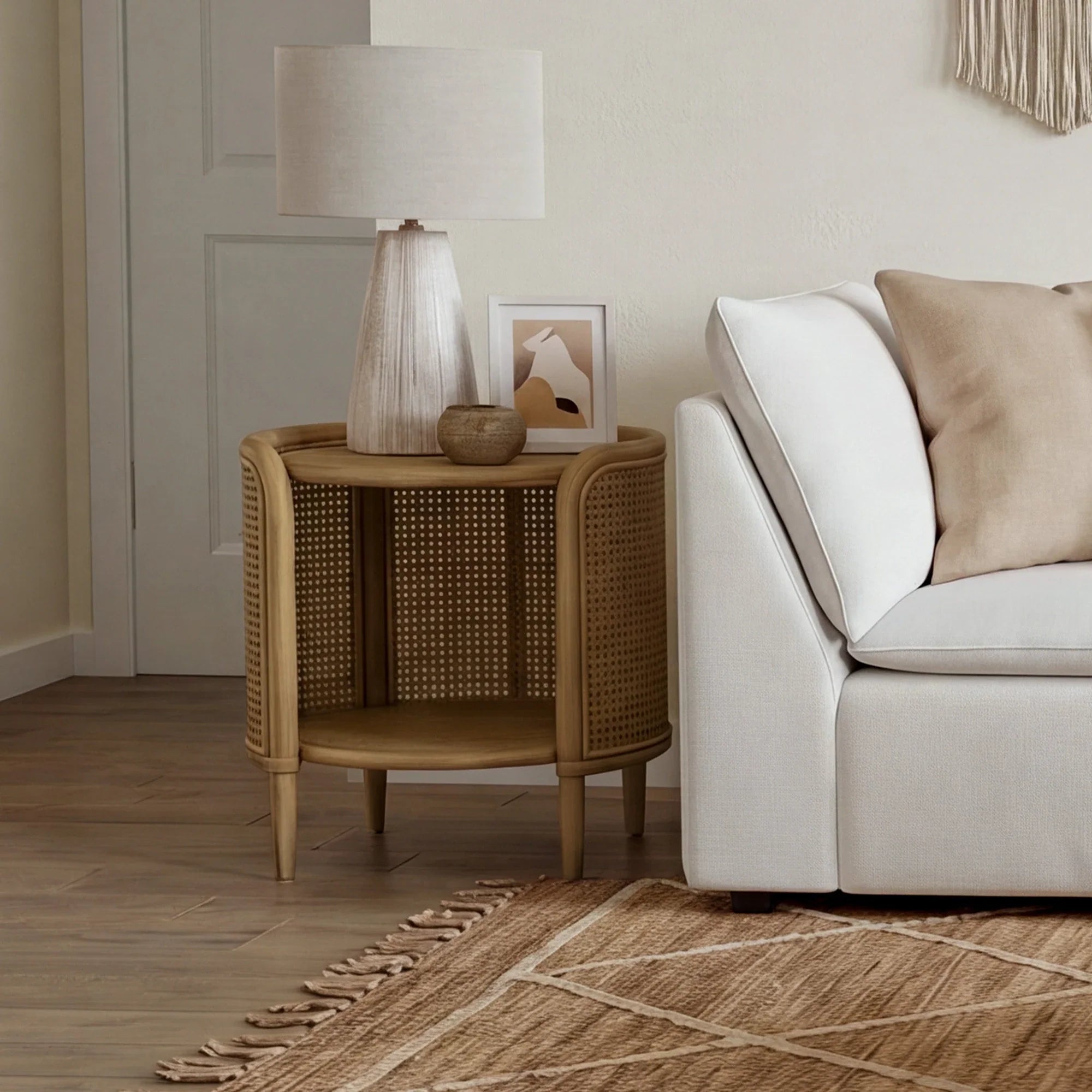 Round Cane Side Table with Scandinavian Design