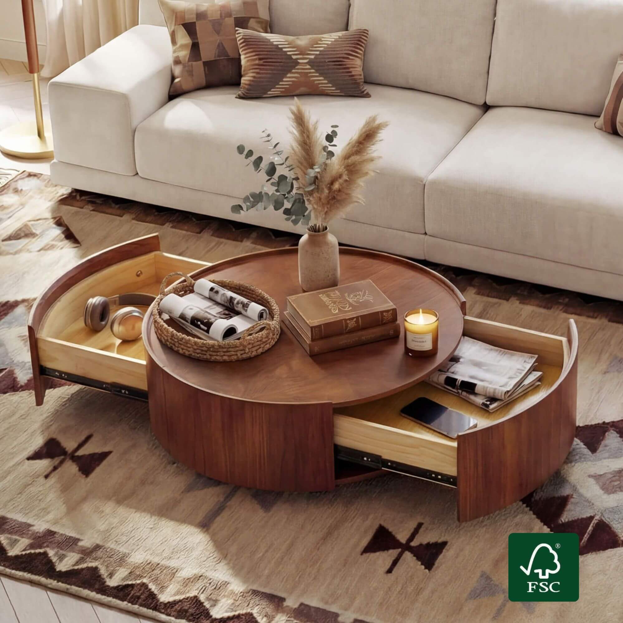 Round Coffee Table in Walnut with Storage Compartment