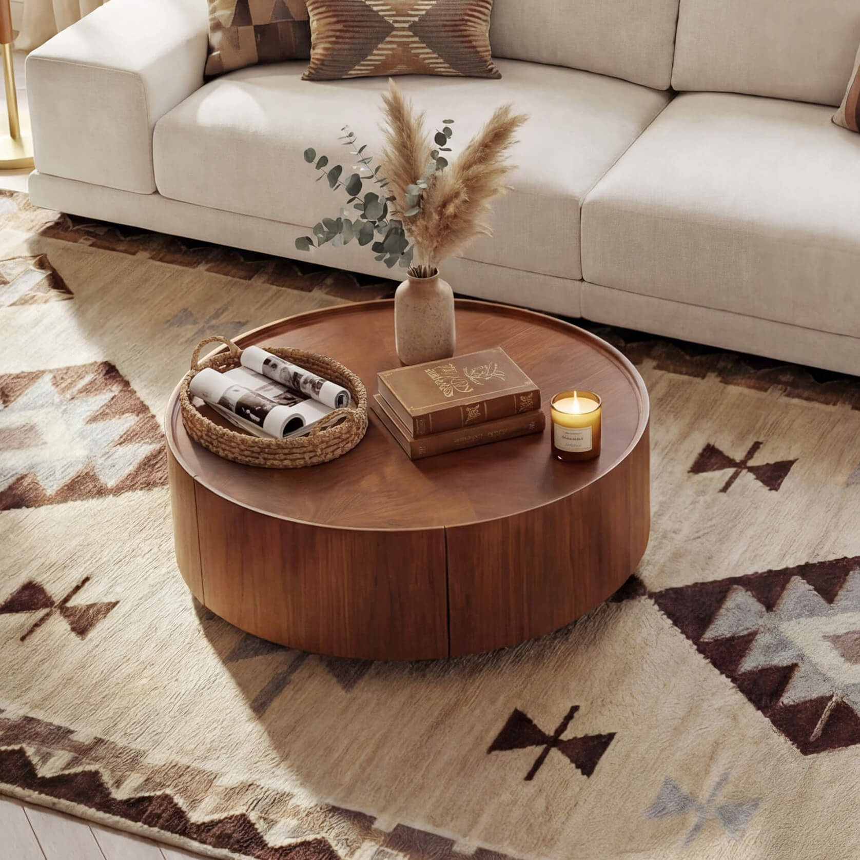 Round Coffee Table in Walnut with Storage Compartment