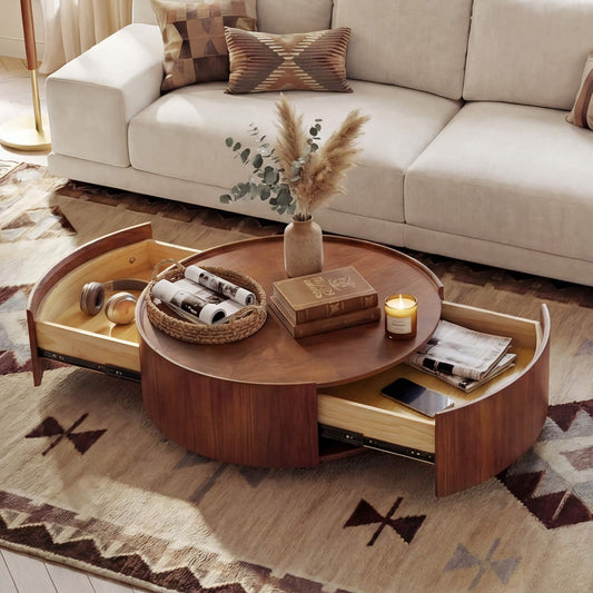 Round Coffee Table in Walnut with Storage Compartment
