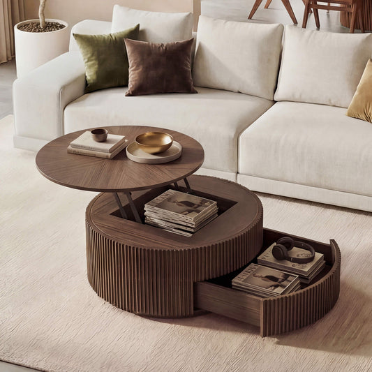 Round Coffee Table with Lifting Top in Coral Finish