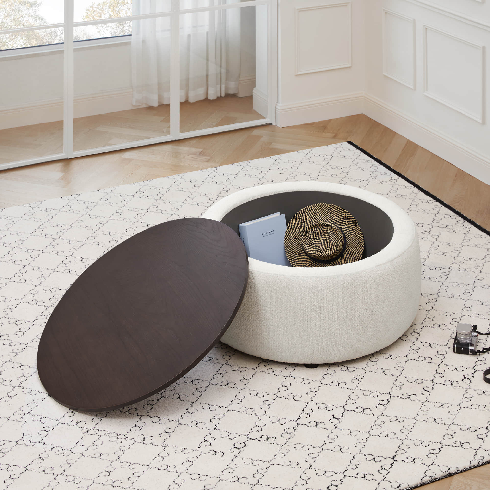Round Storage Ottoman in Soft Fabric with Wooden Legs