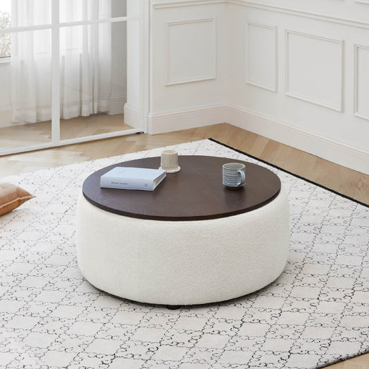 Round Storage Ottoman in Soft Fabric with Wooden Legs