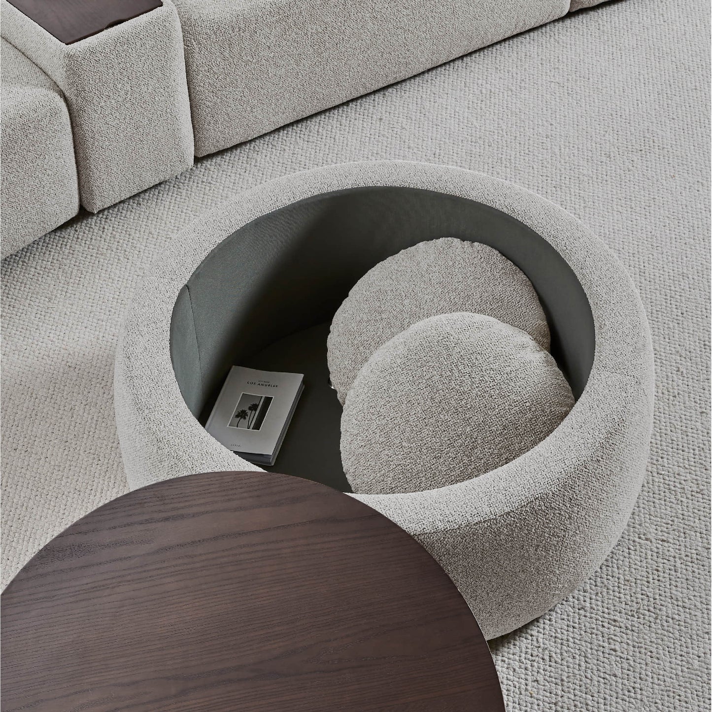 Round Storage Ottoman in Soft Fabric with Wooden Legs