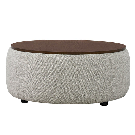 Round Storage Ottoman in Soft Fabric with Wooden Legs