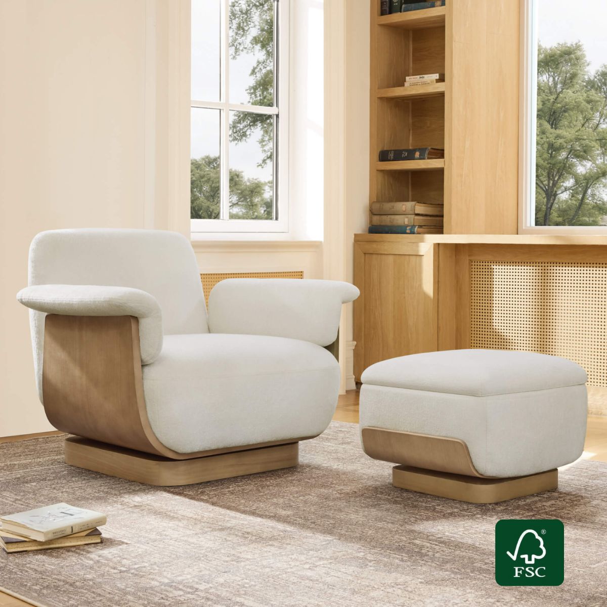 Round Swivel Chair with Storage Ottoman in Aspen Fabric
