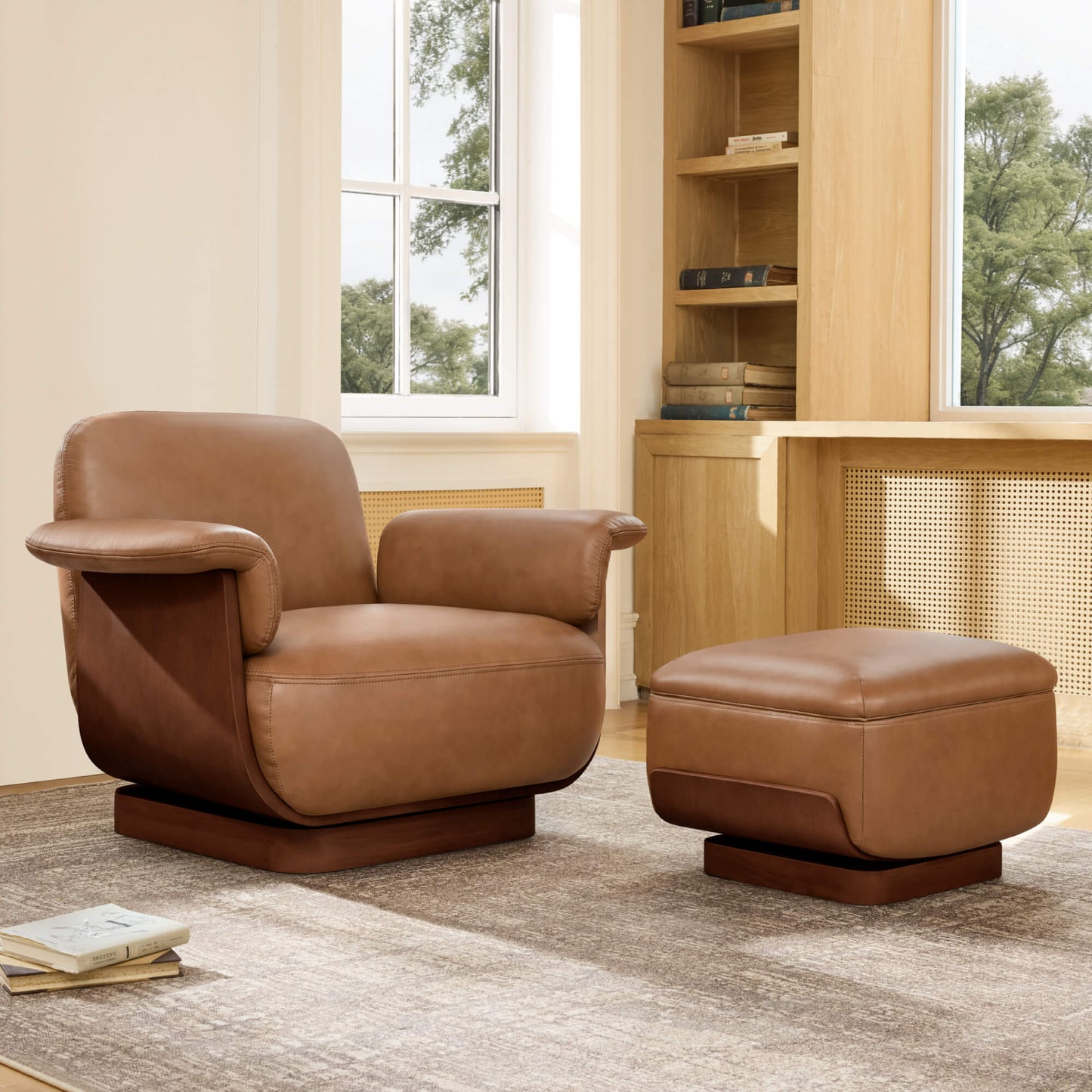 Round Swivel Chair with Storage Ottoman in Aspen Fabric