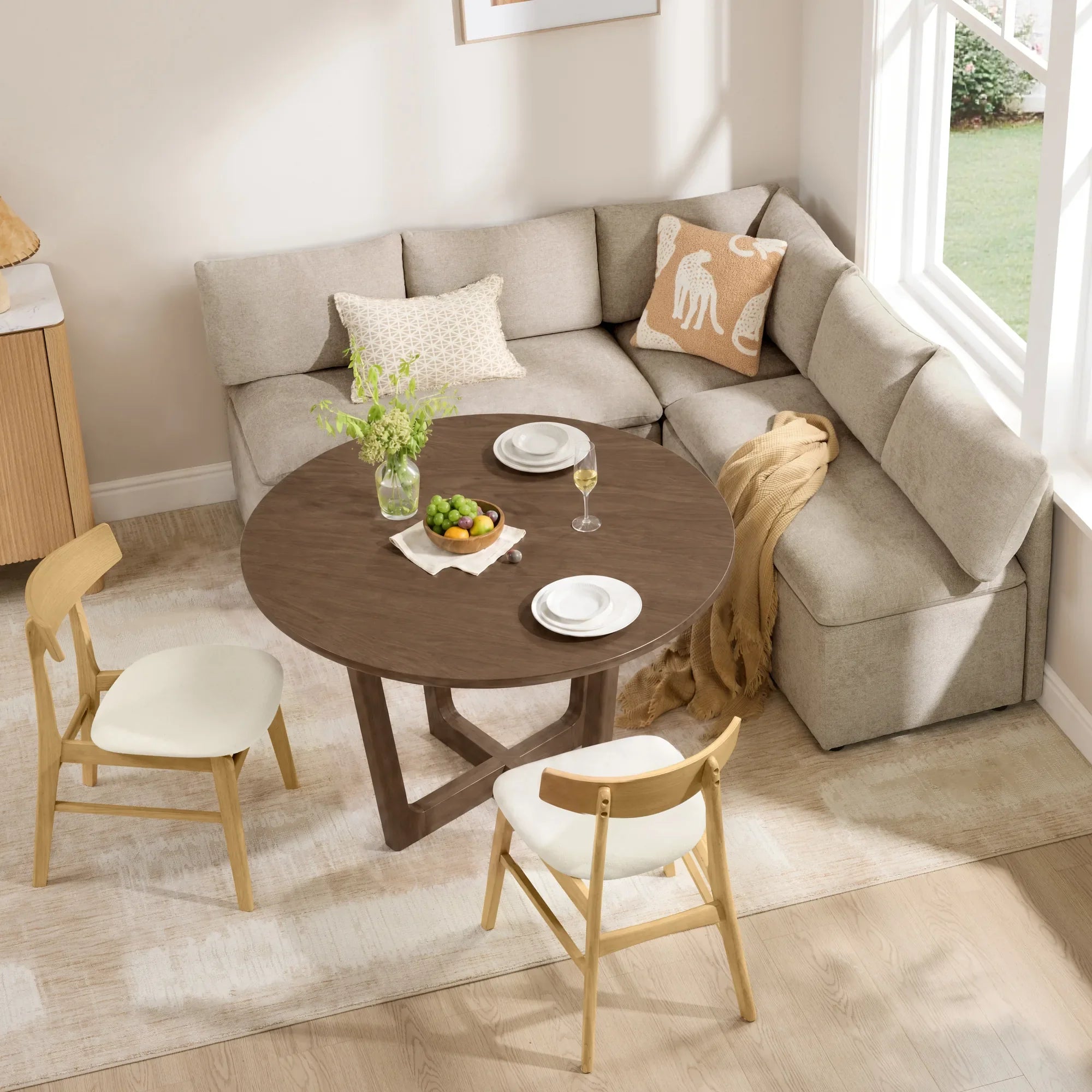 Round Wood Dining Table with Cross-Base Design