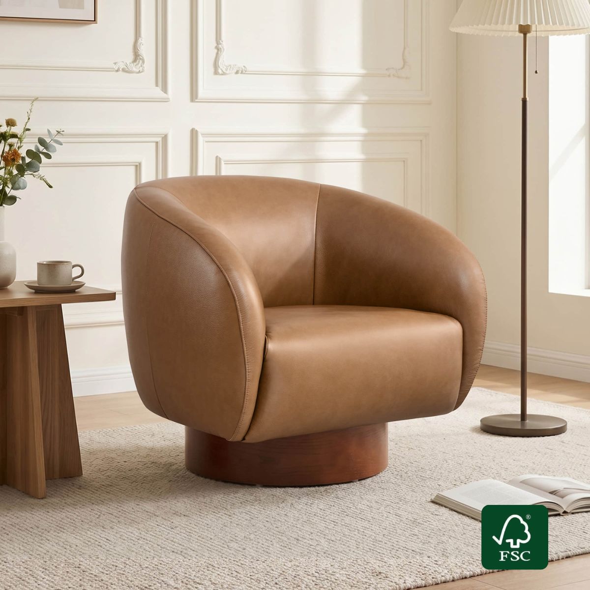 Sculptural Accent Chair in Genuine Leather with Wood Base