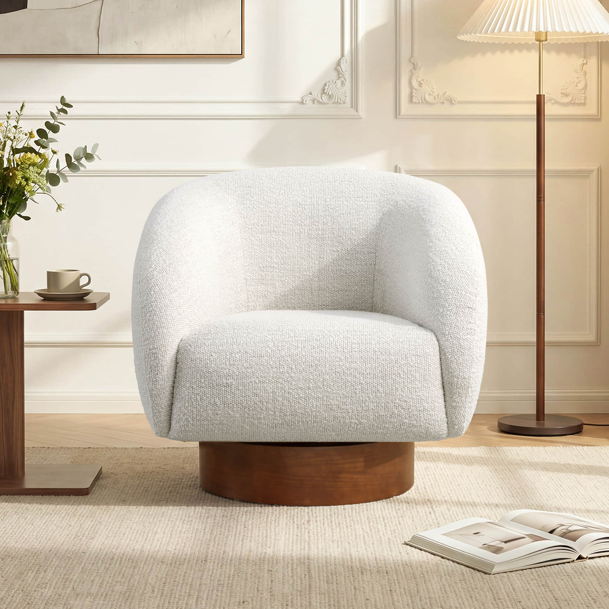 Sculptural Accent Chair in Genuine Leather with Wood Base