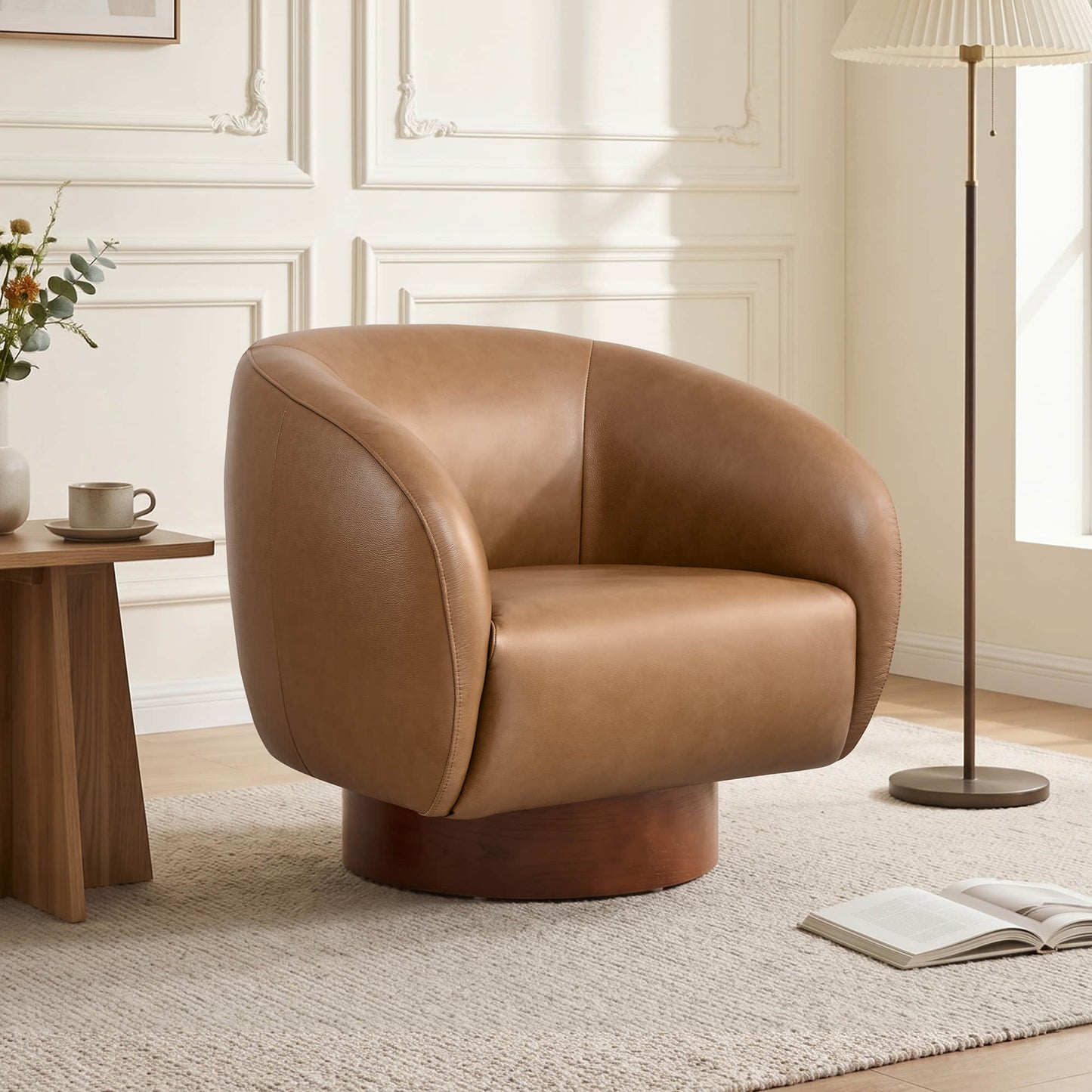 Sculptural Accent Chair in Genuine Leather with Wood Base