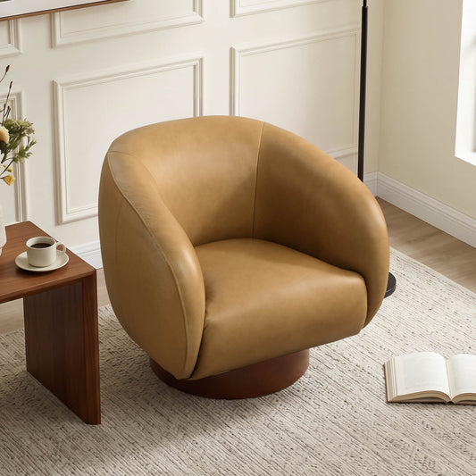 Sculptural Accent Chair in Genuine Leather with Wood Base