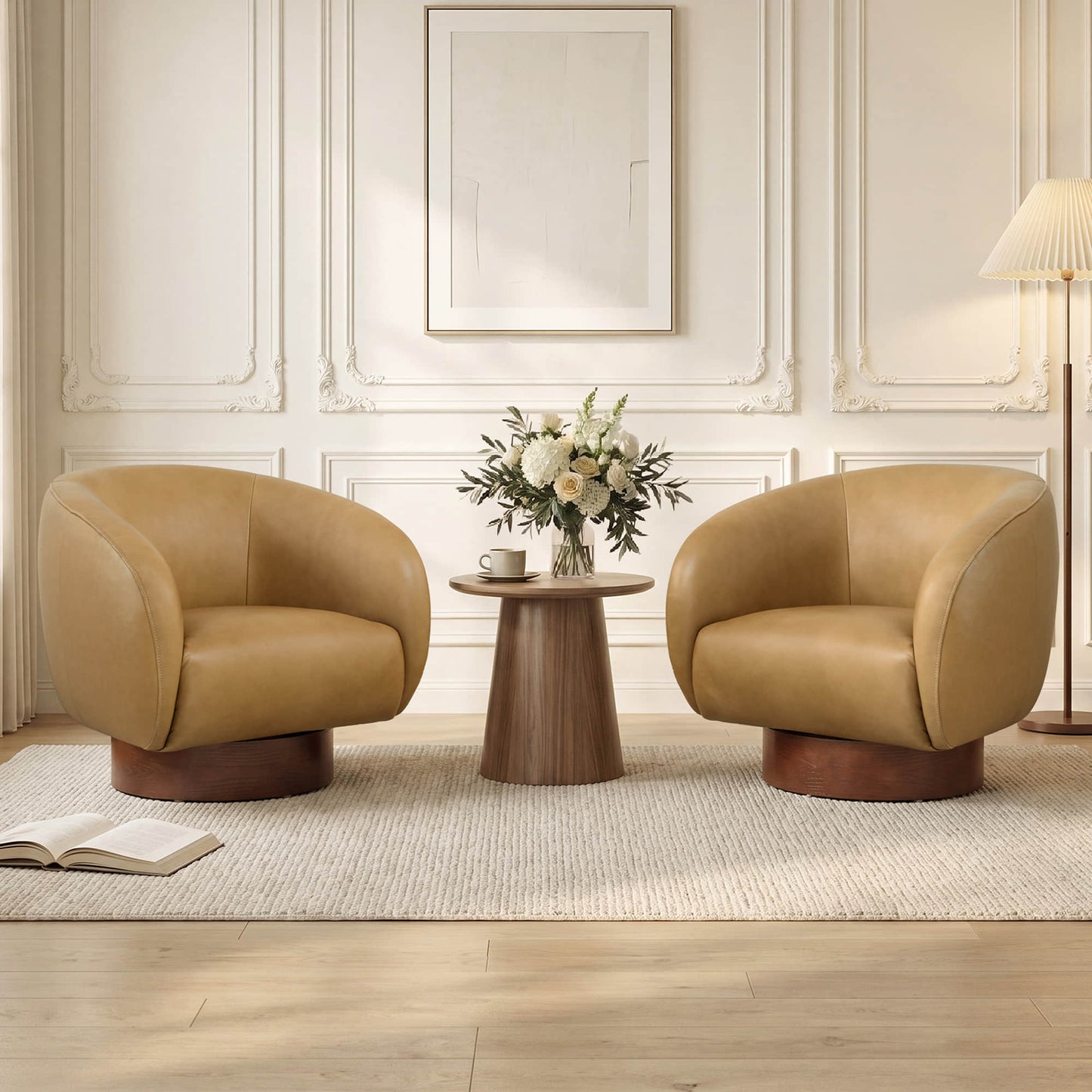 Sculptural Accent Chair in Genuine Leather with Wood Base
