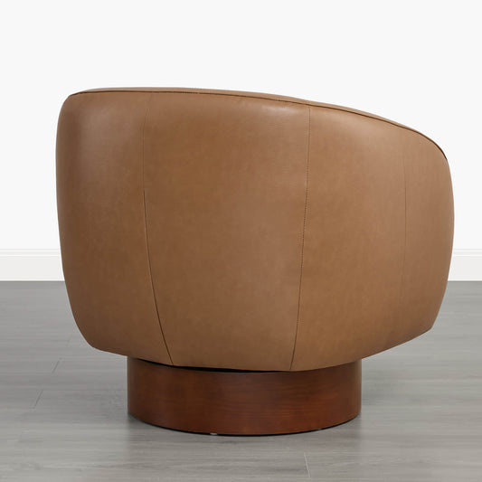 Sculptural Accent Chair in Genuine Leather with Wood Base