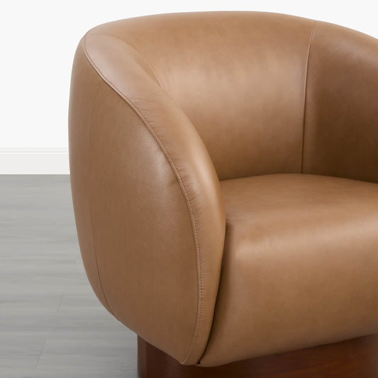 Sculptural Accent Chair in Genuine Leather with Wood Base