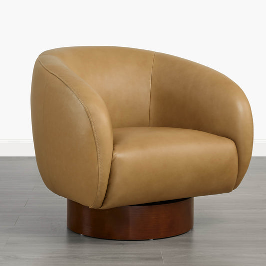 Sculptural Accent Chair in Genuine Leather with Wood Base